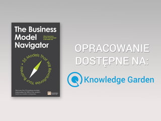 Knowledge to Inspire
The Business Model Navigator.
55 Models That Will Revolutionise Your Business
O. Grossmann, K. Frankenberg, M. Csik
model biznesowy, strategia, innowacje
FT International Publishing, 2014
 