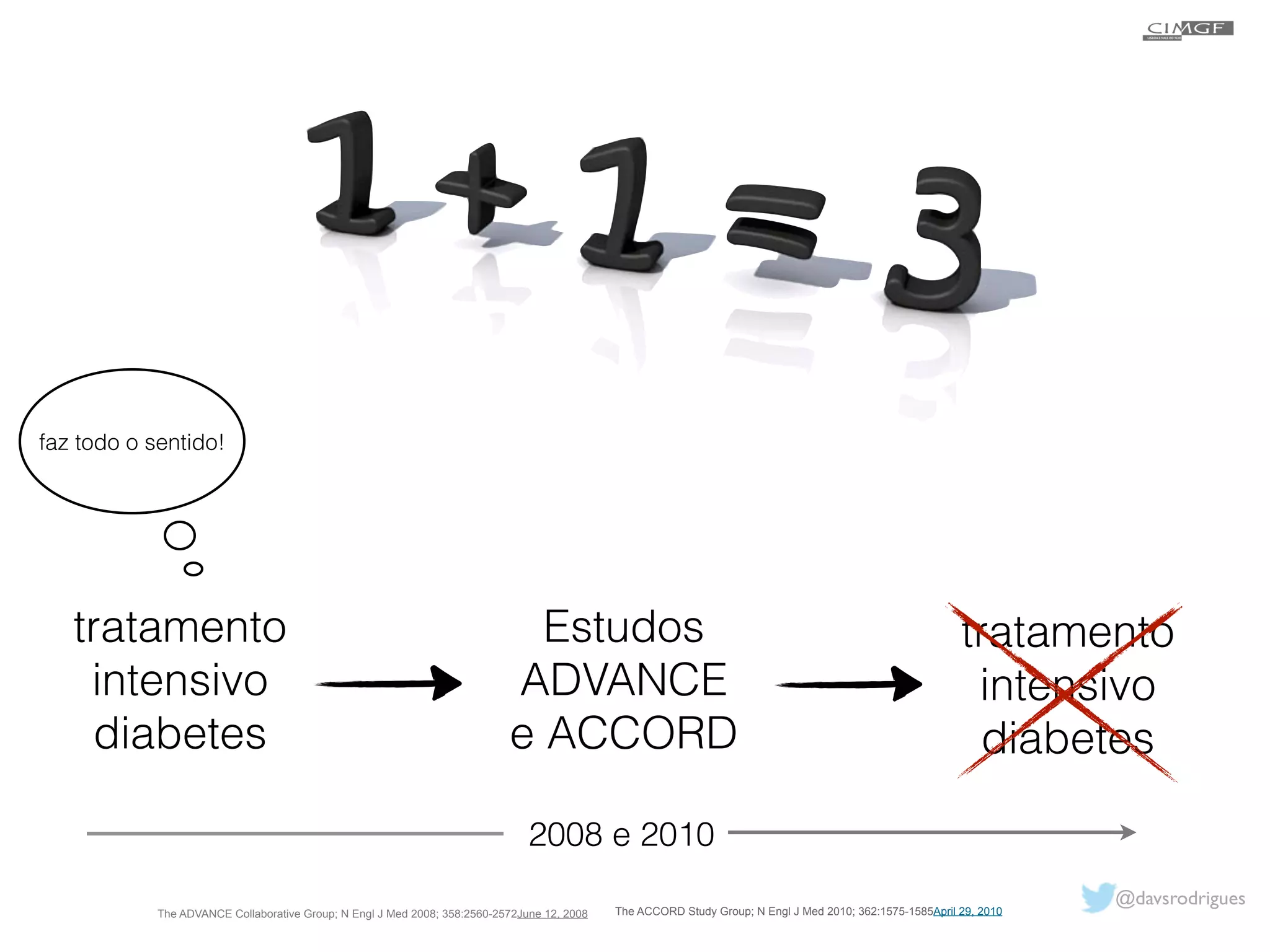 faz todo o sentido! 
tratamento 
intensivo 
diabetes 
Estudos 
ADVANCE 
e ACCORD 
tratamento 
intensivo 
diabetes 
2008 e 2010 
The ACCORD Study Group; N Engl J Med 2010; 362:1575-1 The ADVANCE Collaborative Group; N Engl J Med 2008; 358:2560-2572June 12, 2008 585April 29, 2010 
@davsrodrigues 
 