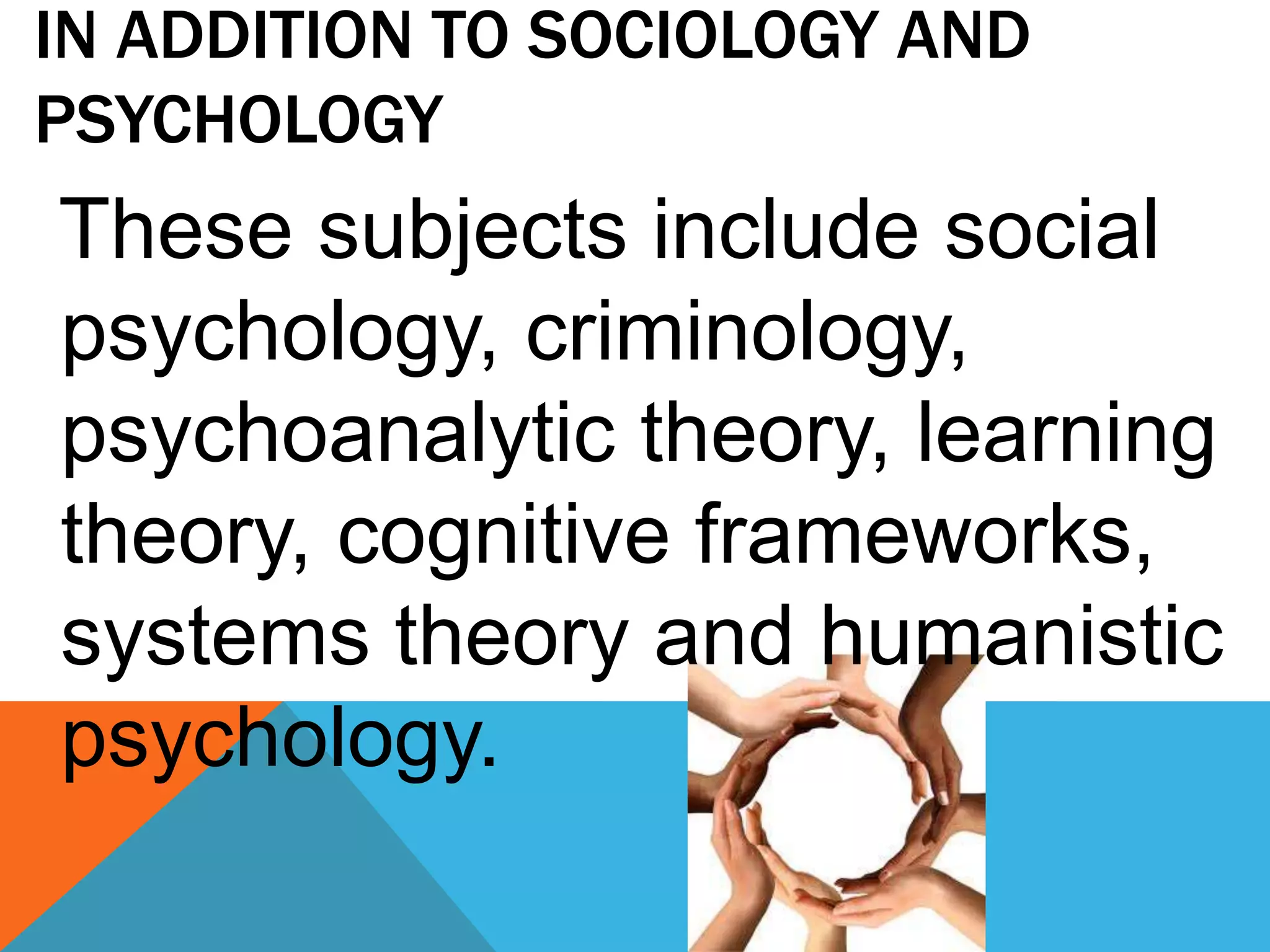 IN ADDITION TO SOCIOLOGY AND
PSYCHOLOGY
These subjects include social
psychology, criminology,
psychoanalytic theory, learning
theory, cognitive frameworks,
systems theory and humanistic
psychology.
 