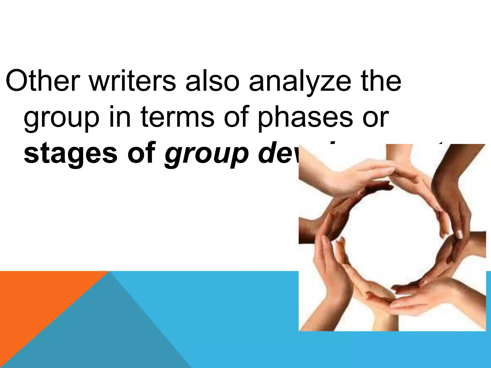 Other writers also analyze the
group in terms of phases or
stages of group development.
 