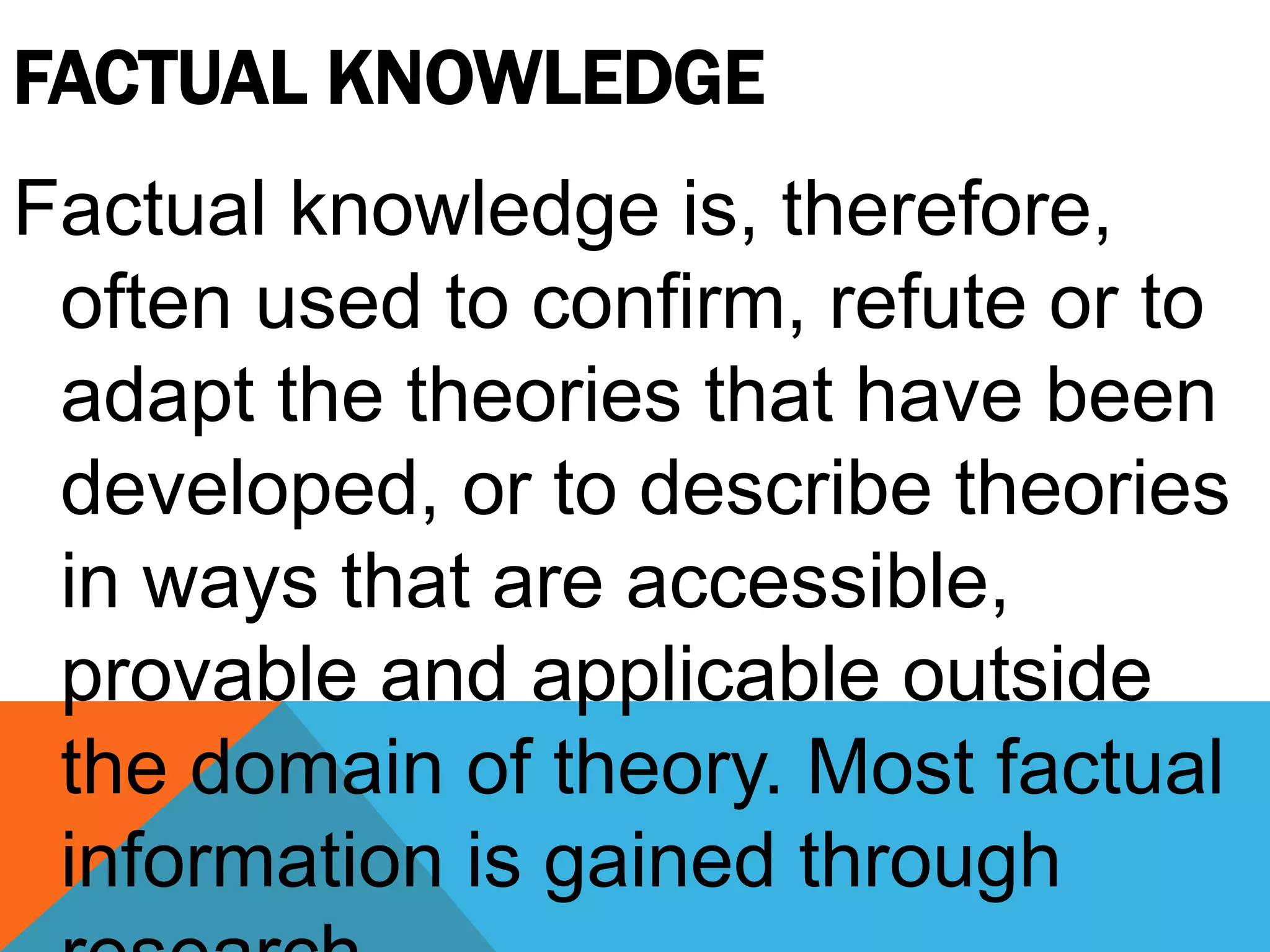 FACTUAL KNOWLEDGE
Factual knowledge is, therefore,
often used to confirm, refute or to
adapt the theories that have been
developed, or to describe theories
in ways that are accessible,
provable and applicable outside
the domain of theory. Most factual
information is gained through
 