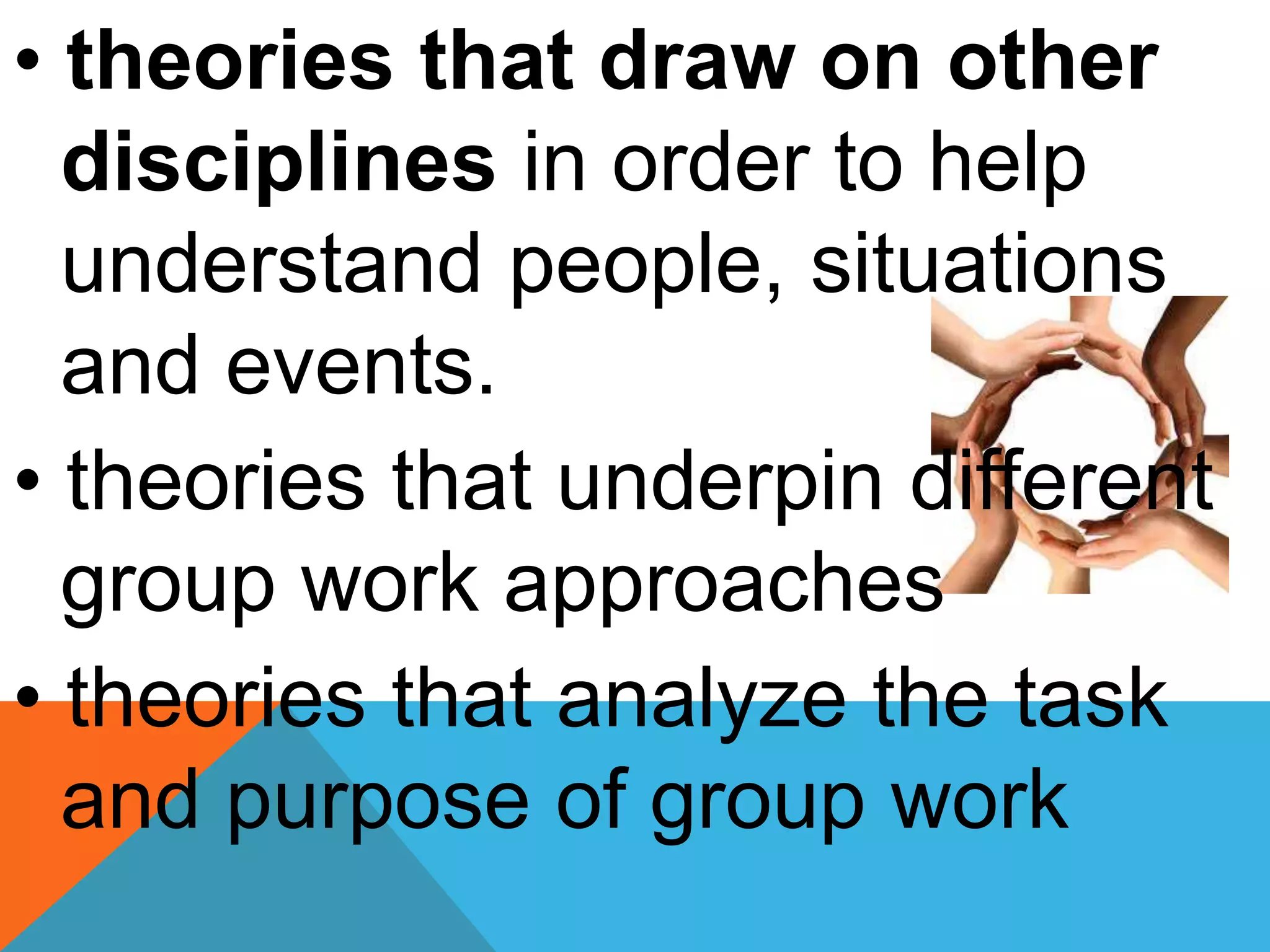 • theories that draw on other
disciplines in order to help
understand people, situations
and events.
• theories that underpin different
group work approaches
• theories that analyze the task
and purpose of group work
 