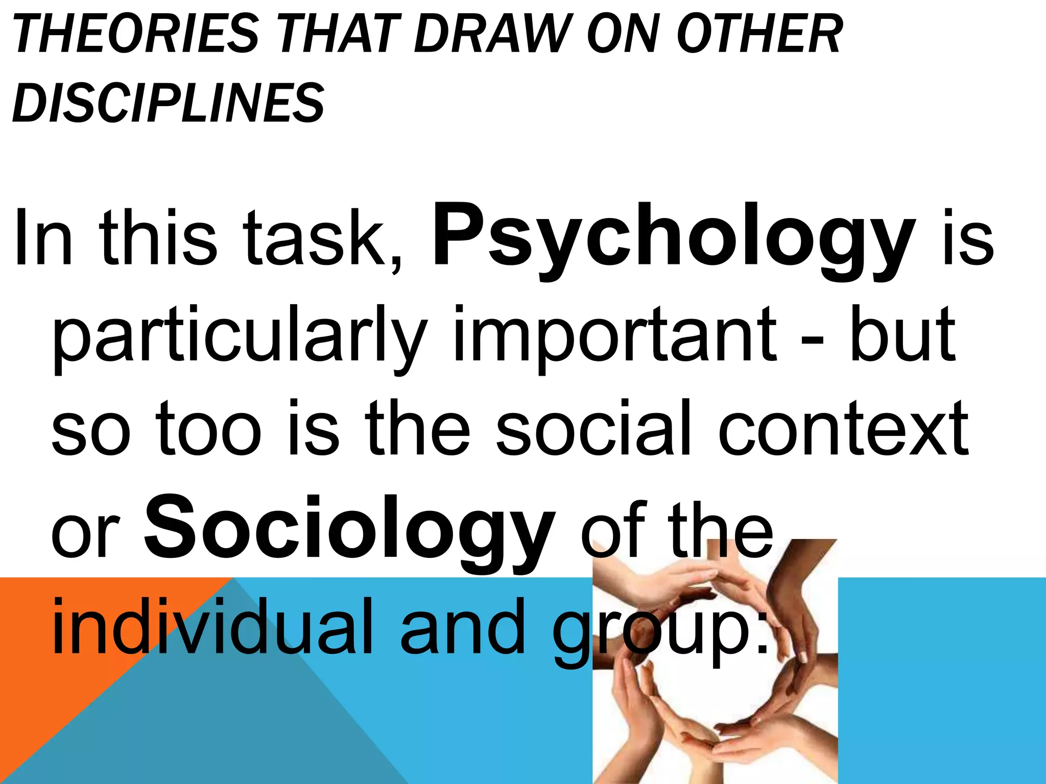 THEORIES THAT DRAW ON OTHER
DISCIPLINES
In this task, Psychology is
particularly important - but
so too is the social context
or Sociology of the
individual and group:
 