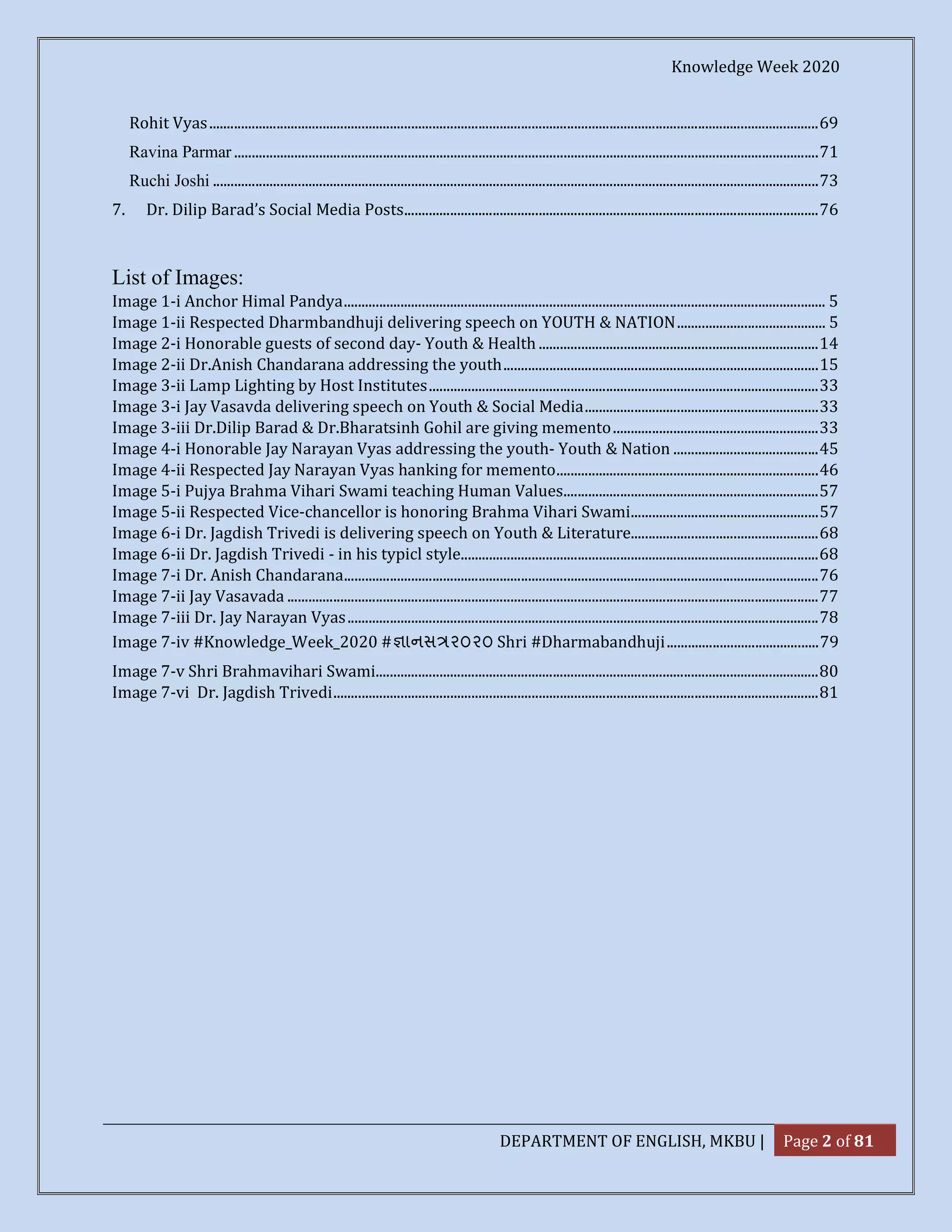 Knowledge Week 2020
DEPARTMENT OF ENGLISH, MKBU | Page 2 of 81
Rohit Vyas............................................................................................................................................................................69
Ravina Parmar .....................................................................................................................................................................71
Ruchi Joshi ...........................................................................................................................................................................73
7. Dr. Dilip Barad’s Social Media Posts.....................................................................................................................76
List of Images:
Image 1-i Anchor Himal Pandya........................................................................................................................................ 5
Image 1-ii Respected Dharmbandhuji delivering speech on YOUTH & NATION.......................................... 5
Image 2-i Honorable guests of second day- Youth & Health ...............................................................................14
Image 2-ii Dr.Anish Chandarana addressing the youth.........................................................................................15
Image 3-ii Lamp Lighting by Host Institutes..............................................................................................................33
Image 3-i Jay Vasavda delivering speech on Youth & Social Media..................................................................33
Image 3-iii Dr.Dilip Barad & Dr.Bharatsinh Gohil are giving memento..........................................................33
Image 4-i Honorable Jay Narayan Vyas addressing the youth- Youth & Nation .........................................45
Image 4-ii Respected Jay Narayan Vyas hanking for memento..........................................................................46
Image 5-i Pujya Brahma Vihari Swami teaching Human Values........................................................................57
Image 5-ii Respected Vice-chancellor is honoring Brahma Vihari Swami.....................................................57
Image 6-i Dr. Jagdish Trivedi is delivering speech on Youth & Literature.....................................................68
Image 6-ii Dr. Jagdish Trivedi - in his typicl style.....................................................................................................68
Image 7-i Dr. Anish Chandarana......................................................................................................................................76
Image 7-ii Jay Vasavada ......................................................................................................................................................77
Image 7-iii Dr. Jay Narayan Vyas.....................................................................................................................................78
Image 7-iv #Knowledge_Week_2020 # ાનસ ૨૦૨૦ Shri #Dharmabandhuji...........................................79
Image 7-v Shri Brahmavihari Swami.............................................................................................................................80
Image 7-vi Dr. Jagdish Trivedi.........................................................................................................................................81
 