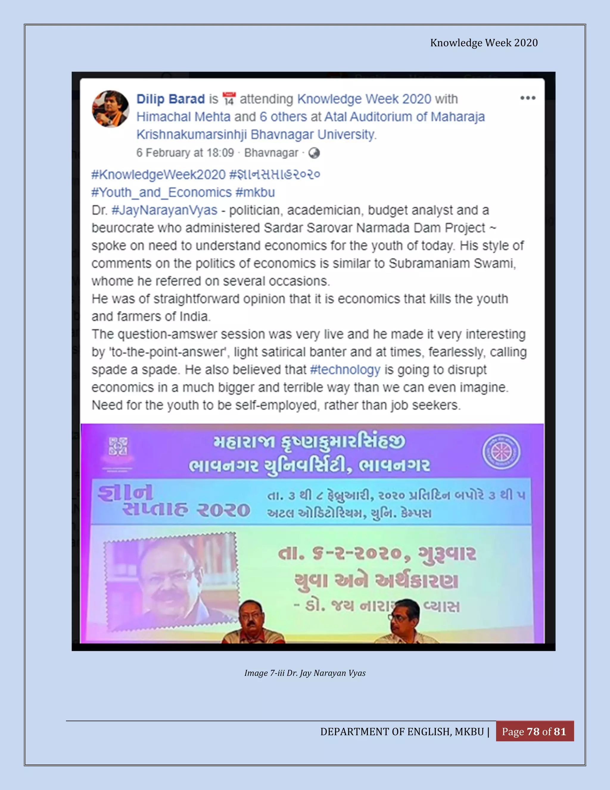 Knowledge Week 2020
DEPARTMENT OF ENGLISH, MKBU | Page 78 of 81
Image 7-iii Dr. Jay Narayan Vyas
 