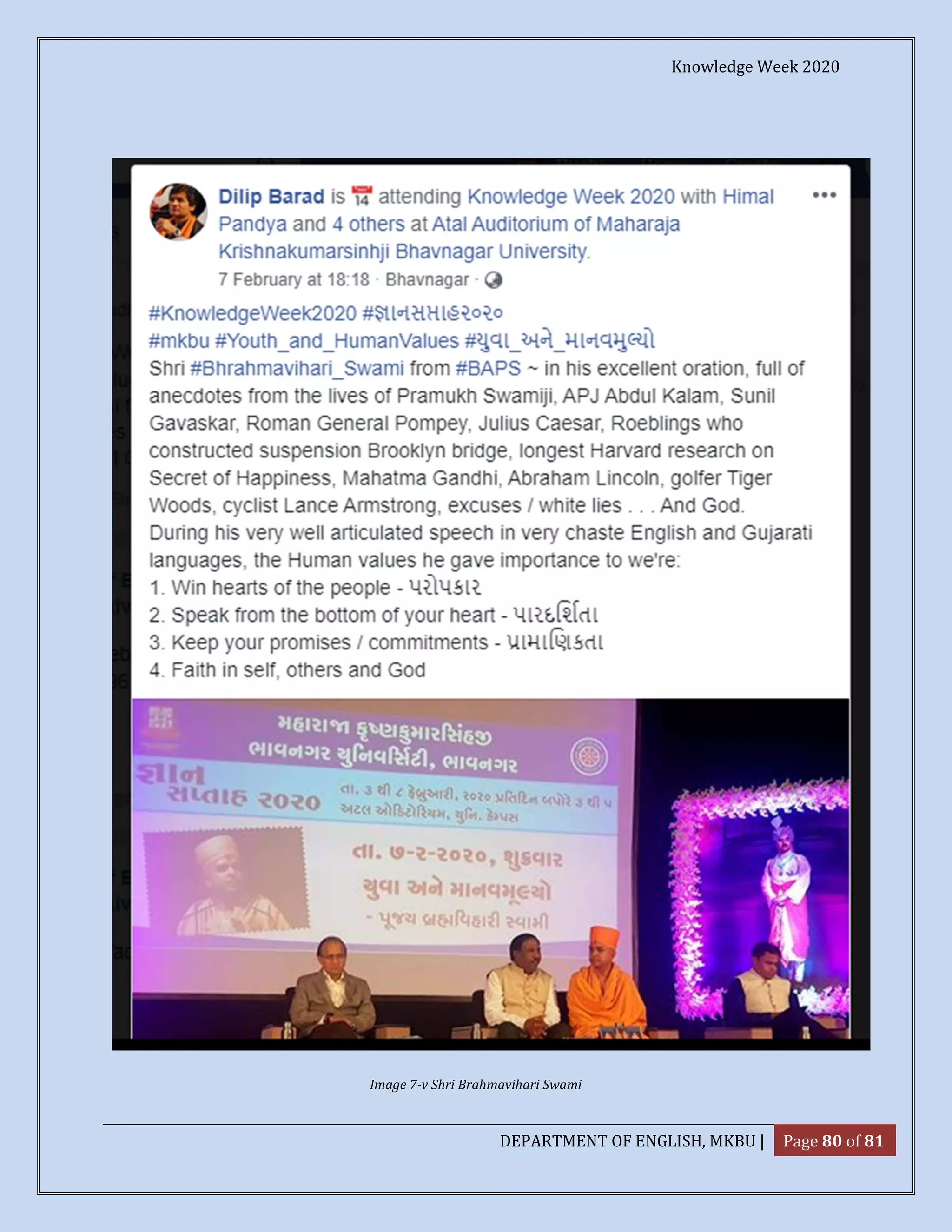 Knowledge Week 2020
DEPARTMENT OF ENGLISH, MKBU | Page 80 of 81
Image 7-v Shri Brahmavihari Swami
 