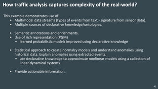 42
This example demonstrates use of:
• Multimodal data streams (types of events from text - signature from sensor data).
• Multiple sources of declarative knowledge/ontologies.
• Semantic annotations and enrichments.
• Use of rich representation (PGM)
• learned probabilistic models improved using declarative knowledge
• Statistical approach to create normalcy models and understand anomalies using
historical data. Explain anomalies using extracted events.
• use declarative knowledge to approximate nonlinear models using a collection of
linear dynamical systems
• Provide actionable information.
How traffic analysis captures complexity of the real-world?
 