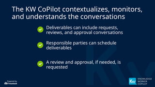 Powered by
The KW CoPilot contextualizes, monitors,
and understands the conversations
• Deliverables can include requests,
reviews, and approval conversations
• Responsible parties can schedule
deliverables
• A review and approval, if needed, is
requested
 
