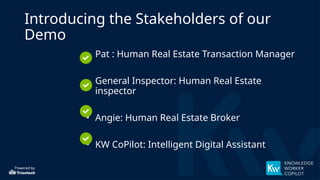 Powered by
Introducing the Stakeholders of our
Demo
• Pat : Human Real Estate Transaction Manager
• General Inspector: Human Real Estate
inspector
• Angie: Human Real Estate Broker
• KW CoPilot: Intelligent Digital Assistant
 