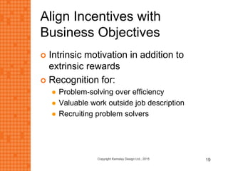 Align Incentives with
Business Objectives
 Intrinsic motivation in addition to
extrinsic rewards
 Recognition for:
 Problem-solving over efficiency
 Valuable work outside job description
 Recruiting problem solvers
Copyright Kemsley Design Ltd., 2015 19
 