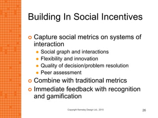 Building In Social Incentives
 Capture social metrics on systems of
interaction
 Social graph and interactions
 Flexibility and innovation
 Quality of decision/problem resolution
 Peer assessment
 Combine with traditional metrics
 Immediate feedback with recognition
and gamification
Copyright Kemsley Design Ltd., 2015 26
 