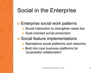 Social in the Enterprise
 Enterprise social work patterns
 Social interaction to strengthen weak ties
 Goal-oriented social production
 Social feature implementations
 Standalone social platforms and networks
 Built into core business platforms for
“purposeful collaboration”
Copyright Kemsley Design Ltd., 2015 5
 