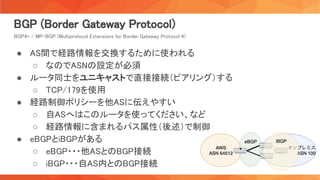 BGP (Border Gateway Protocol) 
BGP4+ / MP-BGP (Multiprotocol Extensions for Border Gateway Protocol 4) 
● AS間で経路情報を交換するために使われる 
○ なのでASNの設定が必須 
● ルータ同士をユニキャストで直接接続（ピアリング）する 
○ TCP/179を使用 
● 経路制御ポリシーを他ASに伝えやすい 
○ 自ASへはこのルータを使ってください、など 
○ 経路情報に含まれるパス属性（後述）で制御 
● eBGPとiBGPがある 
○ eBGP・・・他ASとのBGP接続 
○ iBGP・・・自AS内とのBGP接続 
 