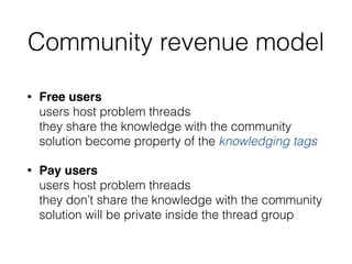 Community revenue model
• Free users 
users host problem threads 
they share the knowledge with the community 
solution become property of the knowledging tags
• Pay users 
users host problem threads 
they don’t share the knowledge with the community 
solution will be private inside the thread group
 