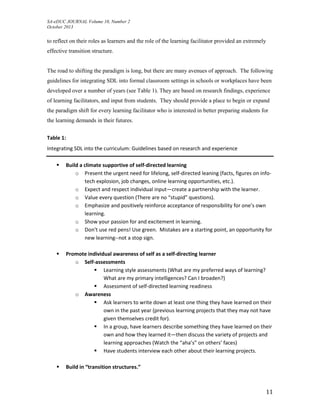 SA-eDUC JOURNAL Volume 10, Number 2
October 2013
11
to reflect on their roles as learners and the role of the learning facilitator provided an extremely
effective transition structure.
The road to shifting the paradigm is long, but there are many avenues of approach. The following
guidelines for integrating SDL into formal classroom settings in schools or workplaces have been
developed over a number of years (see Table 1). They are based on research findings, experience
of learning facilitators, and input from students. They should provide a place to begin or expand
the paradigm shift for every learning facilitator who is interested in better preparing students for
the learning demands in their futures.
Table 1:
Integrating SDL into the curriculum: Guidelines based on research and experience
 Build a climate supportive of self-directed learning
o Present the urgent need for lifelong, self-directed leaning (facts, figures on info-
tech explosion, job changes, online learning opportunities, etc.).
o Expect and respect individual input—create a partnership with the learner.
o Value every question (There are no “stupid” questions).
o Emphasize and positively reinforce acceptance of responsibility for one’s own
learning.
o Show your passion for and excitement in learning.
o Don’t use red pens! Use green. Mistakes are a starting point, an opportunity for
new learning--not a stop sign.
 Promote individual awareness of self as a self-directing learner
o Self-assessments
 Learning style assessments (What are my preferred ways of learning?
What are my primary intelligences? Can I broaden?)
 Assessment of self-directed learning readiness
o Awareness
 Ask learners to write down at least one thing they have learned on their
own in the past year (previous learning projects that they may not have
given themselves credit for).
 In a group, have learners describe something they have learned on their
own and how they learned it—then discuss the variety of projects and
learning approaches (Watch the “aha’s” on others’ faces)
 Have students interview each other about their learning projects.
 Build in “transition structures.”
 