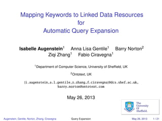 Mapping Keywords to Linked Data Resources
for
Automatic Query Expansion
Isabelle Augenstein1
Anna Lisa Gentile1
Barry Norton2
Ziqi Zhang1
Fabio Ciravegna1
1
Department of Computer Science, University of Shefﬁeld, UK
2
Ontotext, UK
{i.augenstein,a.l.gentile,z.zhang,f.ciravegna}@dcs.shef.ac.uk,
barry.norton@ontotext.com
May 26, 2013
Augenstein, Gentile, Norton, Zhang, Ciravegna Query Expansion May 26, 2013 1 / 21
 