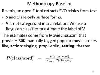 Methodology Baseline
Reverb, an openIE tool extracts SVO triples from text
- S and O are only surface forms.
- V is not categorized into a relation. We use a
Bayesian classifier to estimate the label of V
The estimates come from MovieClips.com that
provides 30K manually tagged popular movie scenes
like, action: singing, prop: violin, setting: theater
22
 
