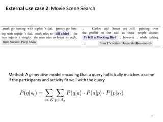 27
Method: A generative model encoding that a query holistically matches a scene
if the participants and activity fit well with the query.
External use case 2: Movie Scene Search
 