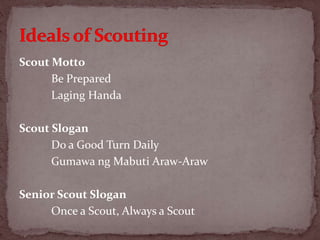 Scout Motto
Be Prepared
Laging Handa
Scout Slogan
Do a Good Turn Daily
Gumawa ng Mabuti Araw-Araw
Senior Scout Slogan
Once a Scout, Always a Scout
 