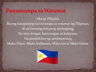 Ako ay Pilipino,
Buong katapatang nanunumpa sa watawat ng Pilipinas,
At sa bansang kanyang sinasagisag,
Na may dangal, katarungan at kalayaan,
Na pinakikilos ng sambayanang
Maka-Diyos, Maka-kalikasan, Maka tao at Maka bansa.
 