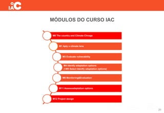 MÓDULOS DO CURSO IAC
20
M0 The country and Climate Chnage
M1 Aply a climate lens
M3 Evaluate vulnerability
M4 Identfy adaptation options
(+M5 Select Identfy adaptation options)
M6 Monitoring&Evaluation
M11 Assessadaptation options
M12 Project design
 