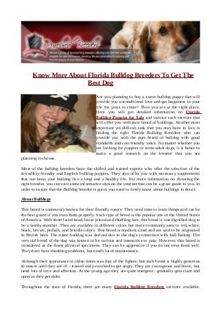 Know More About Florida Bulldog Breeders To Get The
                      Best Dog
                                           Are you planning to buy a sweet bulldog puppy that will
                                           provide you unconditional love and get happiness in your
                                           life for years to come? Then you are at the right place.
                                           Here you will get detailed information on Florida
                                           Bulldog Puppies for Sale and various such services that
                                           will offer you with pure breed of bulldogs. Another most
                                           important yet difficult task that you may have to face is
                                           finding the right Florida Bulldog Breeders who can
                                           provide you with the pure breed of bulldog with good
                                           standards and cost friendly value. No matter whether you
                                           are looking for puppies or some adult dogs, it is better to
                                           make a good research on the breeder that you are
planning to choose.

Most of the bulldog breeders have the skilled and trained experts who offer the selection of the
incredibly friendly and English bulldog puppies. They also offer you with necessary supplements
that can keep your bulldog live a long and a healthy life. For more information on choosing the
right breeder, you can visit some informative sites on the internet that can be a great guide to you. In
order to ensure that the Bulldog breeder is good, you need to firstly know about bulldogs in detail.

About Bulldogs

This breed is commonly known for their friendly nature. They need time to learn things and can be
the best guard if you train them properly. Such type of breed is the popular one in the United States
of America. With short faced head, loose joined and shuffling fare, this breed is one dignified dog to
be a family member. They are available in different colors but more commonly seen in red, white,
black, brown, peibals, and brindle colors. This breed is medium sized and are said to be originated
in British Isles. The name bulldog was derived due to the dog's connection with bull baiting. The
very old breed of the dog was known to be curious and insensitive to pain. However, this breed is
considered as the finest physical specimens. They can be aggressive if you do not treat them well.
They don't have shedding problems, but needs lot of maintenance.

Although their appearance in olden times was that of the fighter, but such breed is highly generous
in nature until they are ill - treated and provoked to get angry. They are courageous and brave, but
need lots of love and affection. At the young age they are quite energetic; gradually gets clam and
quiet as they get older.

Throughout the state of Florida, there are many Florida Bulldog Breeders services available.
 