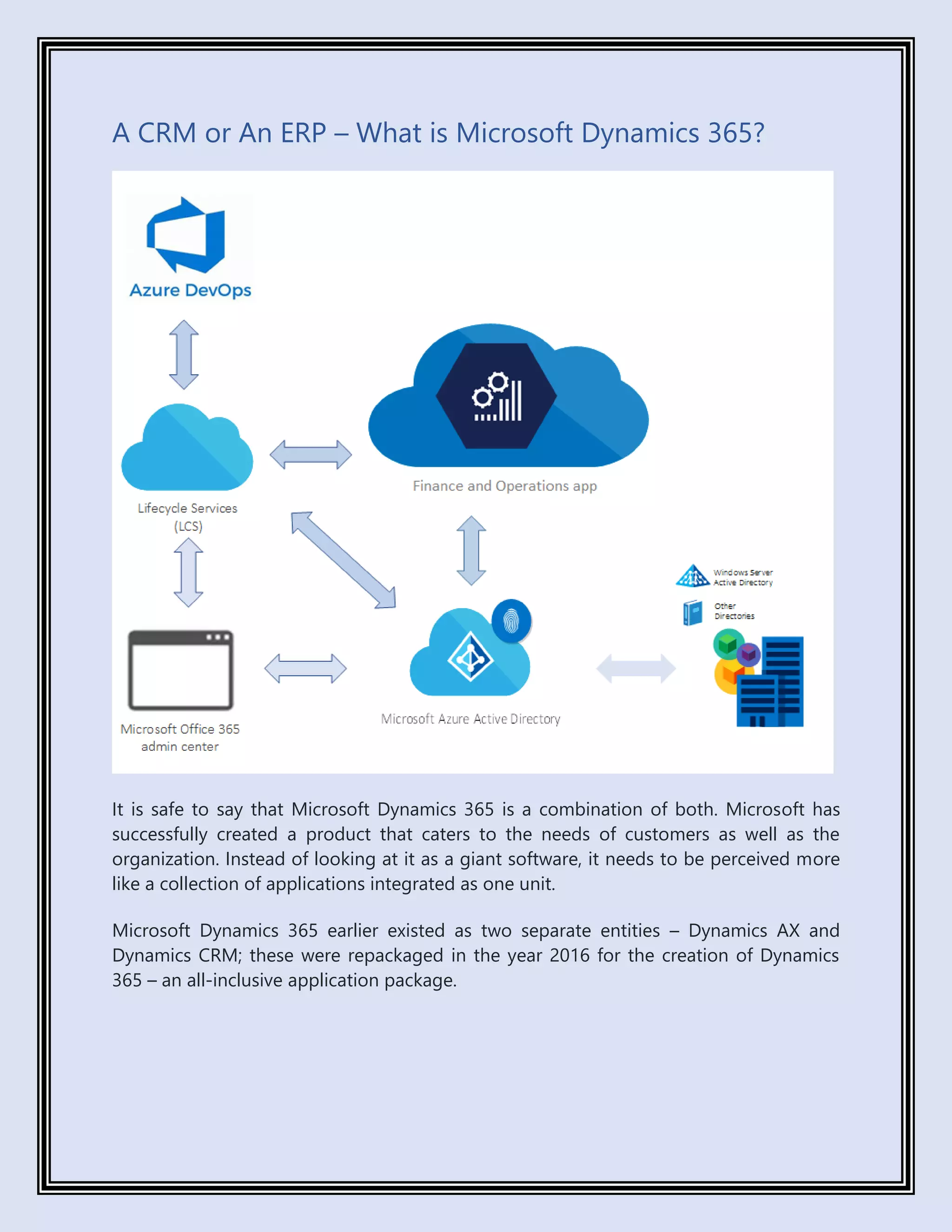 A CRM or An ERP – What is Microsoft Dynamics 365?
It is safe to say that Microsoft Dynamics 365 is a combination of both. Microsoft has
successfully created a product that caters to the needs of customers as well as the
organization. Instead of looking at it as a giant software, it needs to be perceived more
like a collection of applications integrated as one unit.
Microsoft Dynamics 365 earlier existed as two separate entities – Dynamics AX and
Dynamics CRM; these were repackaged in the year 2016 for the creation of Dynamics
365 – an all-inclusive application package.
 