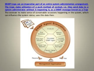 SNMP traps are an imperative part of an entire system administration arrangement.
The traps make utilization of a push method of contact, i.e. they send data to a
system administrator without it requesting it, as a SNMP message known as a Trap.
The overseer to make sense of conceivable occasions happening in the system, which
can influence the system status, uses this data then.
 