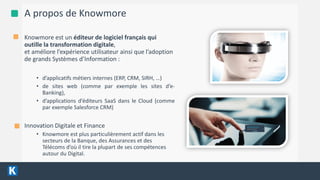 4/13/2016 4
A propos de Knowmore
Knowmore est un éditeur de logiciel français qui
outille la transformation digitale,
et améliore l’expérience utilisateur ainsi que l’adoption
de grands Systèmes d’Information :
• d’applicatifs métiers internes (ERP, CRM, SIRH, …)
• de sites web (comme par exemple les sites d’e-
Banking),
• d’applications d’éditeurs SaaS dans le Cloud (comme
par exemple Salesforce CRM)
Innovation Digitale et Finance
• Knowmore est plus particulièrement actif dans les
secteurs de la Banque, des Assurances et des
Télécoms d’où il tire la plupart de ses compétences
autour du Digital.
 