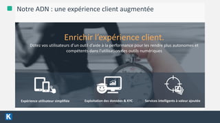 4/13/2016 5
Notre ADN : une expérience client augmentée
Enrichir l’expérience client.
Dotez vos utilisateurs d’un outil d’aide à la performance pour les rendre plus autonomes et
compétents dans l’utilisation des outils numériques
Expérience utilisateur simplifiée Exploitation des données & KYC Services intelligents à valeur ajoutée
 