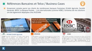 4/13/2016 9
Références Bancaires et Telco / Business Cases
Knowmore compte parmi ses clients de nombreuses banques françaises (Crédit Agricole, Société
Générale, BPCE, La Banque Postale, …) et internationales (comme HSBC). Certaines de nos solutions
ont été également déployées chez AUCHAN.
Normaliser et harmoniser les process métier suite
à la fusion de 5 entités bancaires .
Pousser des informations juste à temps pour
guider les commerciaux face à l’évolution des
offres du marché.
Orange déploie le service de coaching digital de la solution Know
pour faciliter le cross-selling de ses 6000 commerciaux sur les
produits (Fibre, 4G, Tablette connectées, …). La mise à jour des
applications de vente toutes les 6 semaines ne permet pas de
former et informer les commerciaux . Le coaching Digital permet
d’informer et de guider chaque commercial sur sa problématique
« on the job ».
ORANGE
Simuler le site Crédit Agricole en ligne sur
tablette pour accompagner la formation des
clients en agence.
L'IFCAM Université d'entreprise du Groupe Crédit Agricole
déploie pour les agences une simulation réaliste de
l’application du Crédit Agricole en ligne. Elle permet à ses
collaborateurs de former et informer leurs clients en simulant
une démonstration sur une tablette. Cette simulation réaliste
donne la possibilité de manipuler sur un compte anonyme et
ainsi de conseiller et partager leur apprentissage en face à face.
IFCAM Crédit Agricole HSBC
HSBC souhaite normaliser et harmoniser ses offres, son SI et ses
procédures après le rachat et la fusion de 5 entités bancaires. Les
14 000 salariés de la banque bénéficient d’une assistance
contextuelle qui génère 1000 consultations/mois sur les
systèmes documentaires grâce au service de lien documentaire
de Know.
 
