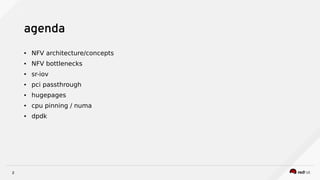2
agenda
● NFV architecture/concepts
● NFV bottlenecks
● sr-iov
● pci passthrough
● hugepages
● cpu pinning / numa
● dpdk
 