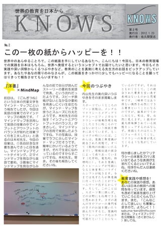 世界の教育を日本から


                                              第２号
                                              発行日：2012.1.23
                                              発行者：佐久間賢志

No. ２

この一枚の紙からハッピーを！！
世界中のあらゆることろで、この紙面を手にしているあなたへ、こんにちは！今回も、日本の教育現場
での実践を日本はもちろん、世界へ発信するというコンセプトでお届けしたいと思います。今日もイカ
実践や深い洞察からくるつぶやきなど、教育のことを真剣に考える先生方のお話をピックアップしてい
ます。あなたやあなの周りのみなさんが、この紙面をきっかけに少しでもハッピーになることを願って
はりきって報告させてもらいますね！！

『洋書』　　　　      んなの前で自分が読んだ   今回のつぶやき       ているのですが、それは
　　　×MindMap   ストーリーの要約を英語                 ともかくとして、この統
              で発表。という流れだっ   内山先生の奥の深いつぶ   合された要素を言い表す
前回は、『ごんぎつね』   たようです。スピーチ原   やきをそのまま掲載しま   表現はないものかと思案
という日本の児童文学を   稿がないとなかなか要約   す。            中です。（確率ではあり
マインド・マップにとい   を発表しにくい生徒たち   スポーツでいうところの   得ない偶然を必然にでき
う報告でしたが、今回は   が、マインド・マップを   ゾーン状態は、メンタル   る要素ということになる
英語の授業でのマインド   使うとスムーズに行えた   リテラシーとメディアリ   のですが、結果がでてか
・マップの報告です。「   ようです。木村先生の目   テラシーとフィジカルリ   らみると、実は、皆、必
マインドマップを活用し   指す「インプットとアウ   テラシーが相乗作用を起   然に見えます。）能力が
て英語の授業の中でイン   トプットのバランス」が   こしたときに起こるので   最大限発揮されている状
プットとアウトプットの   まさしく、マインドマッ   はないかという仮説を勝   態をシェアするのみなら
バランスが取れた授業づ   プの活用で実現したよう   手に立てています。もっ   ず、原因とそのはたらき
くりを工夫したい」と語   ですね。下の写真は、授   とマクロ的にいえば、こ   にフォーカスしてくと、
るのは木村先生。今回の   業でラフに示したマイン   れらは、意識と無意識が   リテラシーの本質が見え
授業は、①各自好きな洋   ド・マップだそうです。   統合された状態で、すべ   てくるような気がしてい
書を選んでさっと目を通   簡単にかいているようで   て（筋肉の収縮にいたる   ます。
し、マインドマップでノ   すが、それで生徒に伝わ   まで）、情報伝達の統合
              っているのですからすご   によって成り立っていま   何か感じましたか？リテ
ートテイキング。②マイ
              いですね。木村先生、是                 ラシーの本質をズバリ言
ンドマップを見ながら英                 す（化学的、電気的、物
              非、その後も報告してく                 い当てるような表現が生
語で要約。③最後にマイ                 理的に）。それを意識し
              ださいね。                       まれてくるといいですよ
ンドマップを見ながらみ                 たトレーニングが可能に   ね。何浮かんだ人は連絡
                            なると体育界にパラダイ   くださいね。
                            ムシフトが起きます。今
                            までは天才たちが無意識   教育実践や感想を！
                            に行っていたことがフレ   あなたの実践や感想、あ
                            ームワーク化するからで   るいは日本の教師への質
                            す。そして、このことは   問を待っています。感想
                            、スポーツ界に限らず、   も含めて紙面を盛り上げ
                            どの分野にも応用できる   ていこうとたくらんでい
                            と思われます。ヨガの達   ます。また、「こんなこ
                            人の方やフローの専門家   として欲しい」も募集し
                            の方々のお話を聞いたり   ますので、よろしく！！
                            読んだりすると、意識的   sakuma-kenji@nifty.com
                                          または、フェイスブックで
                            なフレームワーク化は不
                                          佐久間賢志（さくまけんじ
                            可能だということになっ   ）探してね。
 