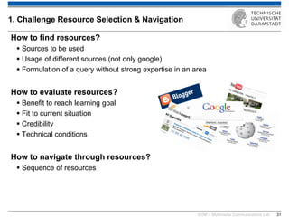 KOM – Multimedia Communications Lab 
31 
How to find resources? 
Sources to be used 
Usage of different sources (not only google) 
Formulation of a query without strong expertise in an area How to evaluate resources? 
Benefit to reach learning goal 
Fit to current situation 
Credibility 
Technical conditions How to navigate through resources? 
Sequence of resources 
1. Challenge Resource Selection & Navigation  