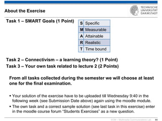 KOM – Multimedia Communications Lab 
44 
Task 1 – SMART Goals (1 Point) Task 2 – Connectivism – a learning theory? (1 Point) Task 3 – Your own task related to lecture 2 (2 Points) From all tasks collected during the semester we will choose at least one for the final examination. 
Your solution of the exercise have to be uploaded till Wednesday 9:40 in the following week (see Submission Date above) again using the moodle module. 
The own task and a correct sample solution (see last task in this exercise) enter in the moodle course forum “Students Exercises” as a new question. 
About the Exercise 
S 
Specific 
M 
Measurable 
A 
Attainable 
R 
Realistic 
T 
Time bound  