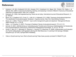 KOM – Multimedia Communications Lab 
47 
Anderson, L.W. (Ed.), Krathwohl, D.R. (Ed.), Airasian, P.W., Cruikshank, K.A., Mayer, R.E., Pintrich, P.R., Raths, J., & Wittrock, M.C. (2001). A taxonomy for learning, teaching, and assessing: A revision of Bloom's Taxonomy of Educational Objectives (Complete edition). New York: Longman. 
Boekaerts, M. (1999). Self-regulated learning: Where we are today. International Journal of Educational Research, 31, pp. 445-457. 
Bloom, B. S.; Engelhart, M. D.; Furst, E. J.; Hill, W. H.; Krathwohl, D. R. (1956). Taxonomy of educational objectives: The classification of educational goals. Handbook I: Cognitive domain. New York: David McKay Company. 
Doran, G. T. (1981). "There's a S.M.A.R.T. way to write management's goals and objectives". Management Review (AMA FORUM) 70 (11): 35–36. 
Hattie, J., & Timperley, H. (2007). The power of feedback. Review of educational research, 77(1), 81-112. 
Schmitz, B. (2001). Self-Monitoring zur Unterstützung des Transfers einer Schulung in Selbstregulation für Studierende: Eine prozessanalytische Untersuchung. Zeitschrift für Pädagogische Psychologie, 15, 3/4, pp. 181-197. 
Scholl, P., Benz, B. F., Böhnstedt, D., Rensing, C., Schmitz, B., & Steinmetz, R. (2009). Implementation and Evaluation of a Tool for setting Goals in self-regulated Learning with Web Resources. In Learning in the Synergy of Multiple Disciplines (pp. 521-534). Springer Berlin Heidelberg. 
Video on Social Learning: fuse, What is Social Learning? https://www.youtube.com/watch?v=NIlwGYY0_AA 
References  