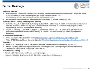 KOM – Multimedia Communications Lab 
48 
Learning Theories 
•Gabi Reinmann: Didatkisches Handeln – Die Beziehung zwischen Lerntheorien und Didaktischem Design, in M. Ebner, S. Schön (Hrsg.) L3T – Lehrbuch für Lernen und Lehren mit neuen Medien, 2013. http://l3t.tugraz.at/index.php/LehrbuchEbner10/article/download/93/88 
•Michael Kerres: Multimediale und Telemediale Lernumgebungen, 2. Auflage, Oldenbourg, 2001. Resource-based Learning & self-regulated learning 
•Scholl, P., Benz, B. F., Böhnstedt, D., Rensing, C., Schmitz, B., & Steinmetz, R. (2009). Implementation and Evaluation of a Tool for setting Goals in self-regulated Learning with Web Resources. In Learning in the Synergy of Multiple Disciplines (pp. 521-534). Springer Berlin Heidelberg. 
•Anjorin, M., Rensing, C., Bischoff, K., Bogner, C., Lehmann, L., Reger, A. L., ... & García, R. D. (2011). Crokodil-a platform for collaborative resource-based learning. In Towards Ubiquitous Learning (pp. 29-42). Springer Berlin Heidelberg. Connectivism and cMOOCs 
•Video Connectivism talk by George Siemes http://elearnspace.org/media/WhatIsConnectivism/player.html 
•Video OPCO12 talk by Claudia Bremer and Joachim Wedekind https://lecture2go.uni-hamburg.de/konferenzen/-/k/14441 Feedback 
•Hattie, J., & Timperley, H. (2007). The power of feedback. Review of educational research, 77(1), 81-112. 
•Musch, J. (1999). Die Gestaltung von Feedback in computergestützten Lernumgebungen: Modelle und Befunde. Zeitschrift für Pädagogische Psychologie, 13(3), 148-160. Collaborative Learning 
•Konert, J. (2014). Interactive Multimedia Learning, Springer. 
•Haake, J., Schwabe, G., Wessner, M. (2012). CSCL-Kompendium 2.0, Oldenbourg 
Further Readings  