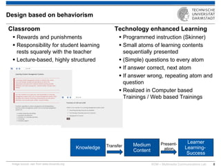 KOM – Multimedia Communications Lab 
8 
Classroom 
Rewards and punishments 
Responsibility for student learning rests squarely with the teacher 
Lecture-based, highly structured 
Technology enhanced Learning 
Programmed instruction (Skinner) 
Small atoms of learning contents sequentially presented 
(Simple) questions to every atom 
If answer correct, next atom 
If answer wrong, repeating atom and question 
Realized in Computer based Trainings / Web based Trainings 
Design based on behaviorism 
Knowledge 
Medium Content 
Learner Learning- Success 
Transfer 
Present- ation 
Image source: own from www.docendo.org  