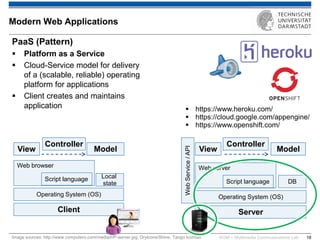 KOM – Multimedia Communications Lab 
18 
PaaS (Pattern) 
Platform as a Service 
Cloud-Service model for delivery of a (scalable, reliable) operating platform for applications 
Client creates and maintains application 
Modern Web Applications 
Image sources: http://www.computero.com/media/HP-server.jpg, DryIcons/Shine, Tango IconSet 
Web server 
Server 
Client 
Operating System (OS) 
DB 
Operating System (OS) 
Web browser 
Script language 
Local state 
Model 
Controller 
View 
Model 
Controller 
View 
Web Service / API 
Script language 
https://www.heroku.com/ 
https://cloud.google.com/appengine/ 
https://www.openshift.com/  