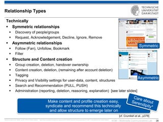 KOM – Multimedia Communications Lab 
28 
Technically 
Symmetric relationships 
Discovery of people/groups 
Request, Acknowledgement, Decline, Ignore, Remove 
Asymmetric relationships 
Follow (Fan), Unfollow, Bookmark 
Filter 
Structure and Content creation 
Group creation, deletion, handover ownership 
Content creation, deletion, (remaining after account deletion) 
Tagging 
Privacy and Visibility settings for user-data, content, structures 
Search and Recommendation (PULL, PUSH) 
Administration (reporting, deletion, reasoning, explanation) [see later slides] 
See [Crumlish et al, 2009], p.354-379 for further details. * read http://socialseriousgames.de/post/5437302687/social-serious-gaming-chi-2011-impressions for further details 
Relationship Types 
Make content and profile creation easy, syndicate and recommend this technically and allow structure to emerge later on 
[cf. Crumlish et al., p378] 
Symmetric 
Asymmetric  