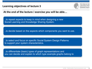 KOM – Multimedia Communications Lab 
4 
At the end of the lecture / exercise you will be able… 
Learning objectives of lecture 3 
..to repeat aspects to keep in mind when designing a new Social Learning and Knowledge Sharing System. 
..to decide based on the aspects which components you want to use. 
..to select and focus on specific Social System Design Patterns to support your system characteristics. 
..to differentiate (basic) types of graph representations and you can decide and explain to which type example graphs belong to  