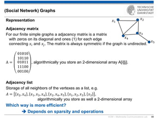 KOM – Multimedia Communications Lab 
48 
Representation 
Adjacency matrix 
For our finite simple graphs a adjacency matrix is a matrix with zeros on its diagonal and ones (1) for each edge connecting 푥푖 and 푥푗. The matrix is always symmetric if the graph is undirected. 
A= 0 10 101 01 100 10 111 11 000 01 00, algorithmically you store an 2-dimensional array A[i][j]. 
Adjacency list 
Storage of all neighbors of the vertexes as a list, e.g. 
퐴=푥2,푥4,푥1,푥3,푥4,푥2,푥4,푥5,푥1,푥2,푥3,푥3, algorithmically you store as well a 2-dimensional array 
Which way is more efficient? 
 Depends on sparsity and operations 
(Social Network) Graphs 
푥1 
푥2 
푥3 
푥4 
푥5  