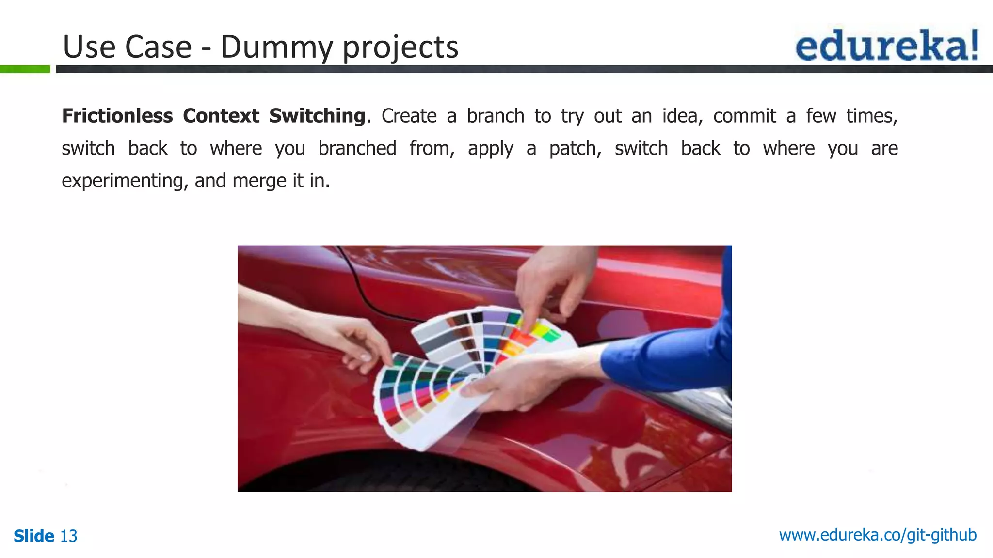 Slide 13 www.edureka.co/git-githubSlide 13
Use Case - Dummy projects
Frictionless Context Switching. Create a branch to try out an idea, commit a few times,
switch back to where you branched from, apply a patch, switch back to where you are
experimenting, and merge it in.
 