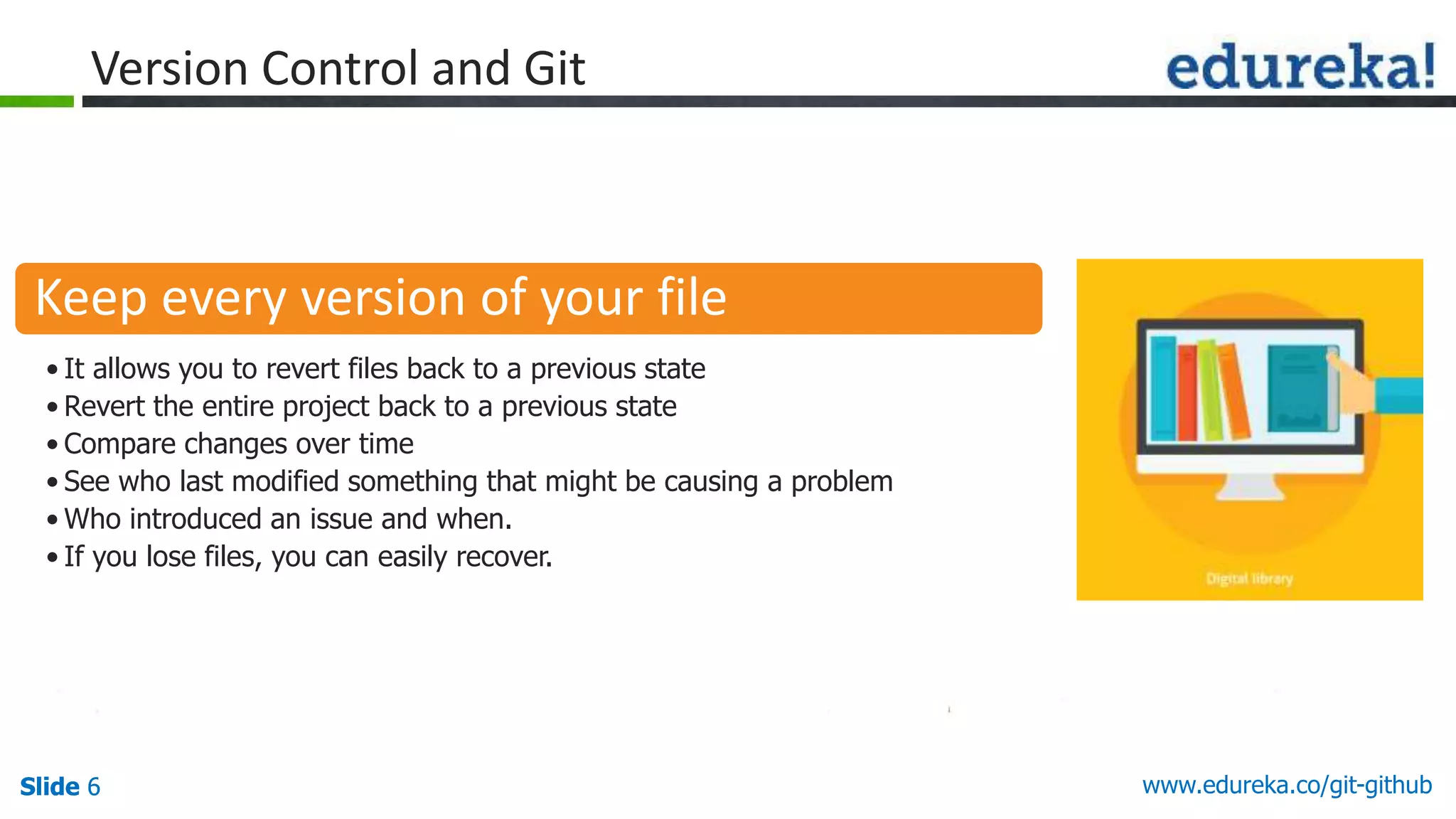 Slide 6 www.edureka.co/git-githubSlide 6
Version Control and Git
Keep every version of your file
• It allows you to revert files back to a previous state
• Revert the entire project back to a previous state
• Compare changes over time
• See who last modified something that might be causing a problem
• Who introduced an issue and when.
• If you lose files, you can easily recover.
 