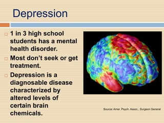 Depression
   1 in 3 high school
    students has a mental
    health disorder.
   Most don’t seek or get
    treatment.
   Depression is a
    diagnosable disease
    characterized by
    altered levels of
    certain brain            Source: Amer. Psych. Assoc., Surgeon General
    chemicals.
 