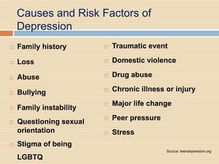 Causes and Risk Factors of
    Depression
   Family history          Traumatic event

   Loss                    Domestic violence

   Abuse                   Drug abuse

   Bullying                Chronic illness or injury
                            Major life change
   Family instability
                            Peer pressure
   Questioning sexual
    orientation             Stress
   Stigma of being
                                             Source: teendepression.org
    LGBTQ
 
