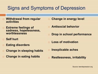 Signs and Symptoms of Depression

   Withdrawal from regular        Change in energy level
    activities
   Extreme feelings of            Antisocial behavior
    sadness, hopelessness,
    worthlessness                  Drop in school performance
   Self hurt
                                   Loss of motivation
   Eating disorders
   Change in sleeping habits      Inexplicable aches

   Change in eating habits        Restlessness, irritability

                                                   Source: teendepression.org
 