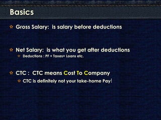 Basics
 Gross Salary: is salary before deductions



 Net Salary: is what you get after deductions
   Deductions : PF + Taxes+ Loans etc.



 CTC : CTC means Cost To Company
   CTC is definitely not your take-home Pay!
 