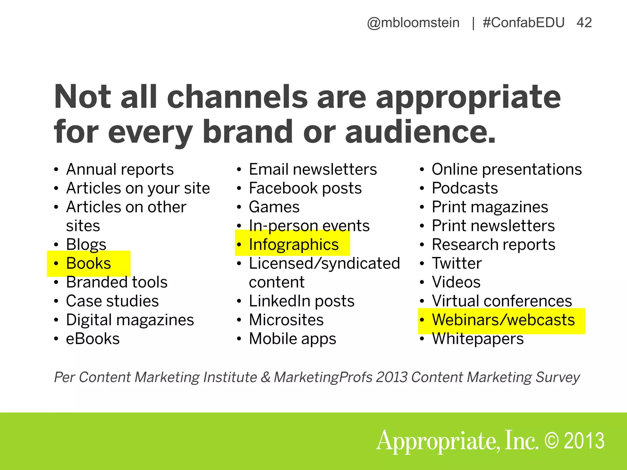 @mbloomstein | #ConfabEDU 42
© 2013
•
•
•
•
•
•
•
•
•
•
•
•
•
•
•
•
•
•
•
•
•
•
•
•
•
•
•
•
 