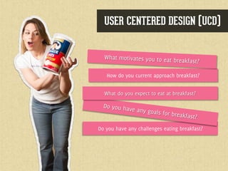 USER CENTERED DESIGN (UCD)



  How do you currently approach breakfast?

         What do you expect to eat?




Do you have any challenges eating breakfast?
 